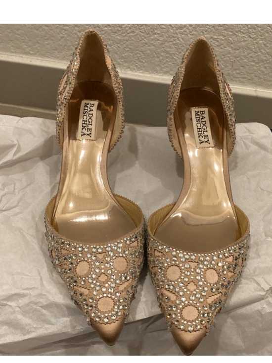 Badgley Mischka Shoes - Badgley Mischka Nude Crystal Embellished Pointed Toe Heels